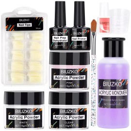 BIUZKO Acrylic Nail Kit with Prep Dehydrator Primer, Acrylic Powder and Liquid Set for  - White, Clear, Pink
