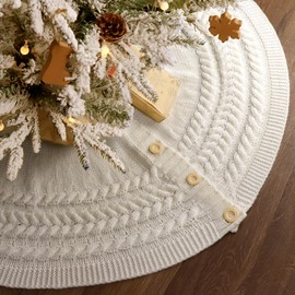 Christmas Tree Skirt 48 Inches: Annual Rings Chunky Cable Knit Cream White Tree Skirt, Thick Rustic Christmas Tree Decorations Neutral Christmas Decor Christmas Tree Skirts Xmas Home Party Supplies