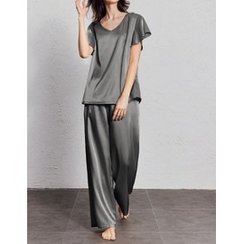 Ekouaer Silk Pajamas Satin 2 Piece Short Sleeve Top and Long Pants Pj Sets Silky Sleepwear Loungewear Dark Grey Medium