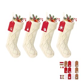 18 Inches Large White Christmas Stockings- 4Pcs White - Stretchable Knitted Xmas Stockings with 50Pcs Personalizeable Gift Tags for Family Holiday Christmas Décor