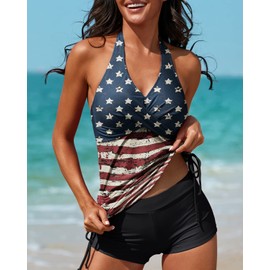 MISSVOG Women Two Piece Tankini Halter Padded Adjustable Drawstring Swimsuit with Boyshorts American Flag M