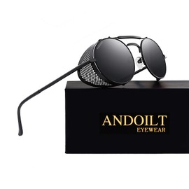 ANDOILT Steampunk Style Round Sunglasses for Men Women Vintage Retro Eyewear Matel Frame UV400 Protection Black frame Gray lens