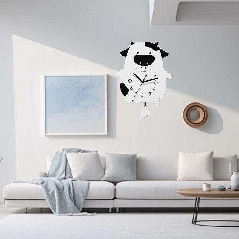 Acrylic Wall Clock Cartoon Cow Shape Silent Movement Decorative Swinging