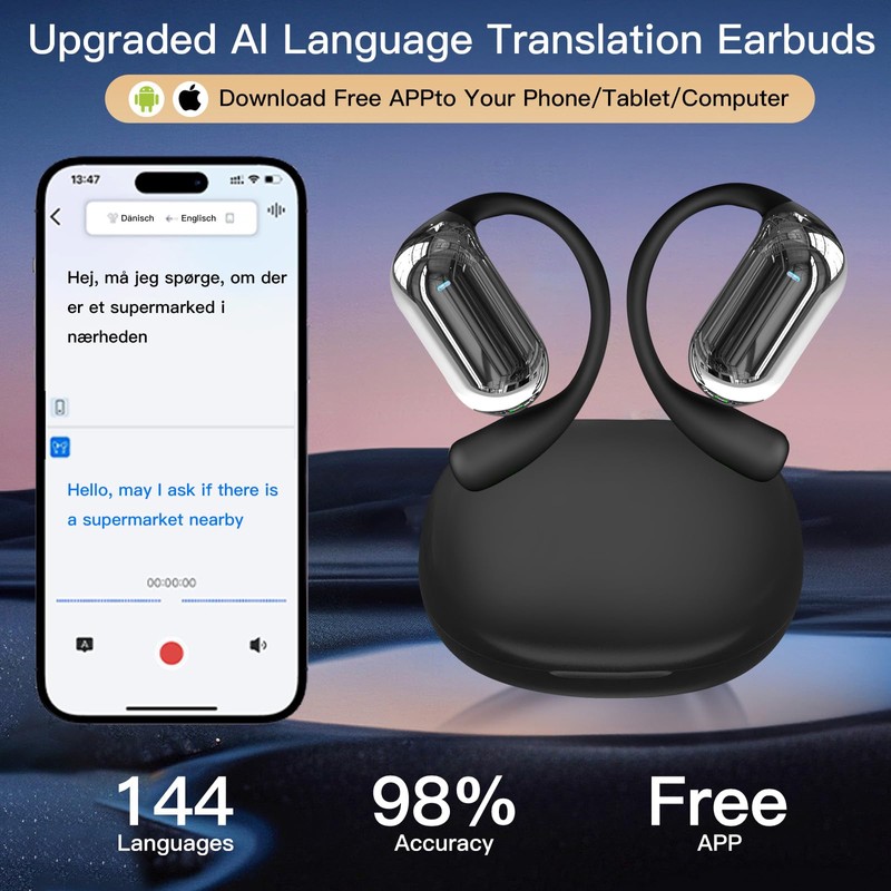 AI Translation Earbuds Real Time – 144 Languages (Incl. Spanish),