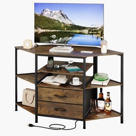Welfuturer Corner TV Stand for 55 Inch TV, Farmhouse Entertainment Center with 2 Drawers Storage, Corner TV Console with Power Outlet, Retro Brown Media Console for Living Room, Brown