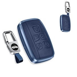 SANRILY for Range Rover Key Cover Keyless Keychain Holder Full Protection Metal Leather Key Fob Case fit for Land Rover Discovery Sport LR4-Blue