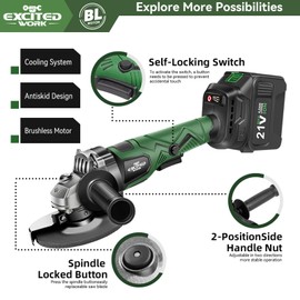 Excited Work Cordless Angle Grinder, 20V 5 inch Electric Grinder Power Tools with 2 X 4.5Ah Battery, Adjustable Handle,Brushless Motor for Polishing, Grinding & Cutting