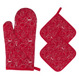 Heat Resistant Oven Gloves Set 1 Thick Cotton Oven Mitts with 2 Placemat Pot Holders Long Cuffs Baking Gloves for Kitchen, Cooking, Barbeque 3 Pieces (Red)