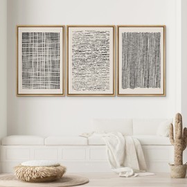 SIGNWIN Framed Canvas Print Wall Art Set Geometric Dark Black Grid Wave Pattern Abstract Shapes Cozy Neutral Modern Art Decorative Contemporary for Living Room, Bedroom, Office - 24"x36"x3 Natural