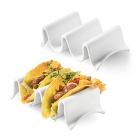 MISSYSSIM Taco Holders, Porcelain Large Taco Tray wtih Handles, Reusable and Stackable, Perfect for Burritos and Tortillas HolderHandles, Oven & Microwave & Dishwasher Safe, Set of 2