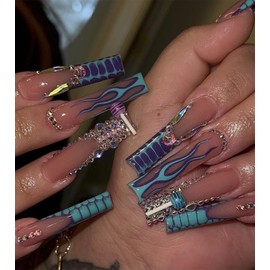 Press on Nails Extra Long - Aegenacess Square Press On Nails with 3D Rhinestones, Nude Blue Purple French Tips Y2K Fake Nails with Glue Sticker, Handmade 24 pcs Stick On Nails False Nail in 12 Sizes