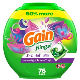 Gain Flings Laundry Detergent Pacs, 76 Count, Moonlight Breeze Scent, with Odor Defense, concentrated laundry soap pacs