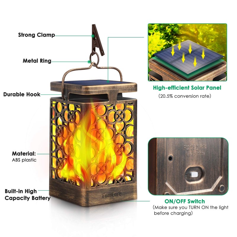 TomCare Solar Lights Upgraded Solar Lantern Flickering Flame Outdoor Hanging