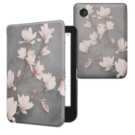 kwmobile Case Compatible with Kobo Clara BW/Colour Case - eReader Cover - Magnolias Taupe/White/Blue Grey