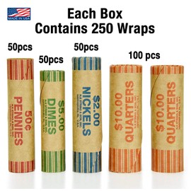 250 Coin Wrappers - Assorted Sizes - 100 Quarters, 50 Pennies, 50 Nickels and 50 Dimes - Made in USA - Durable Preformed Paper Tubes - Coin Rollers Wrappers