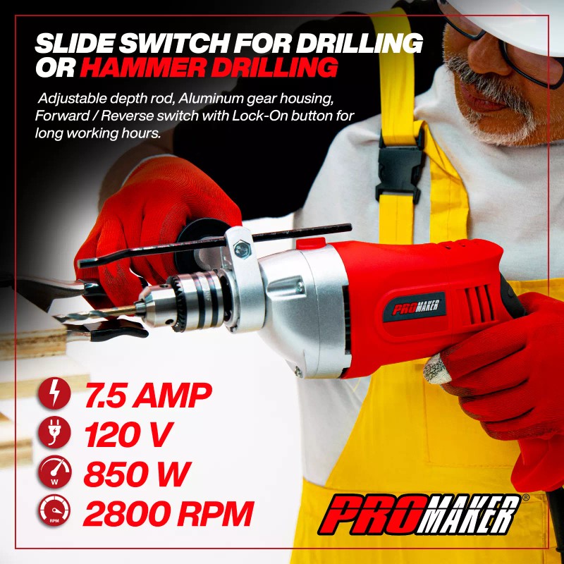 Promakertools PROMAKER 7.5AMP 850W 1/2-inch Corded Hammer Drill, Impact drill