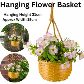 Garden Mile® Artificial Lilac Blossom Basket Bouquet Faux Flowers for Garden Balcony Hanging Flower Basket Pot Vase Decoration Indoor Outdoor Wicker Straw Baskets for Home and Garden 31cm (1, LILAC)