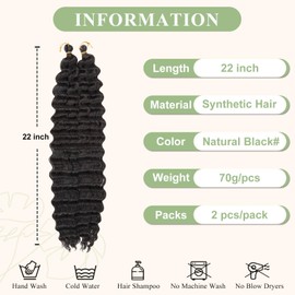 Boho Hair For Braiding Deep Wave Curly Braiding Hair for Boho Braids Ocean Wave Curly Crochet Hair For Black Women 22 Inch 2 Bundles（Black#）