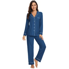WiWi Viscose from Bamboo Pajamas Set for Women Soft Long Sleeve Button Down Sleepwear Plus Size Pj Lounge Sets S-3X, Ink Blue, 3X