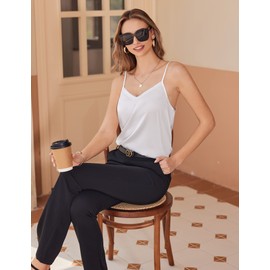 Ekouaer Women's Lace Silk Satin Pajama Tank Tops V Neck Camisole Soft Spaghetti Strap Tops Loose Sleepwear White Large