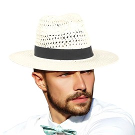 Straw Fedora Hat for Men Women Summer Sun Wide Brim Beach Panama Hats（Cream-XL）