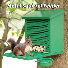 Gavinjitao Squirrel Feeders for Outside，Squirrel Feeder with Foldable Metal Front Panel Perch Funny Metal Chipmunk House Hanging Boxes Easy to Refill (Green)