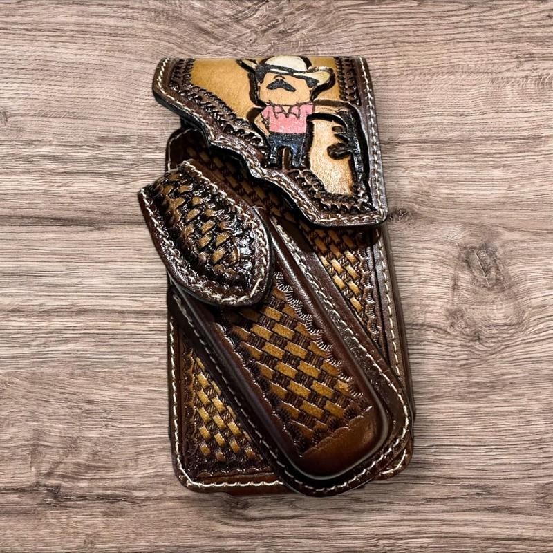 Leather Phone Belt Holster and Knife Holder Hand Tooled Handmade
