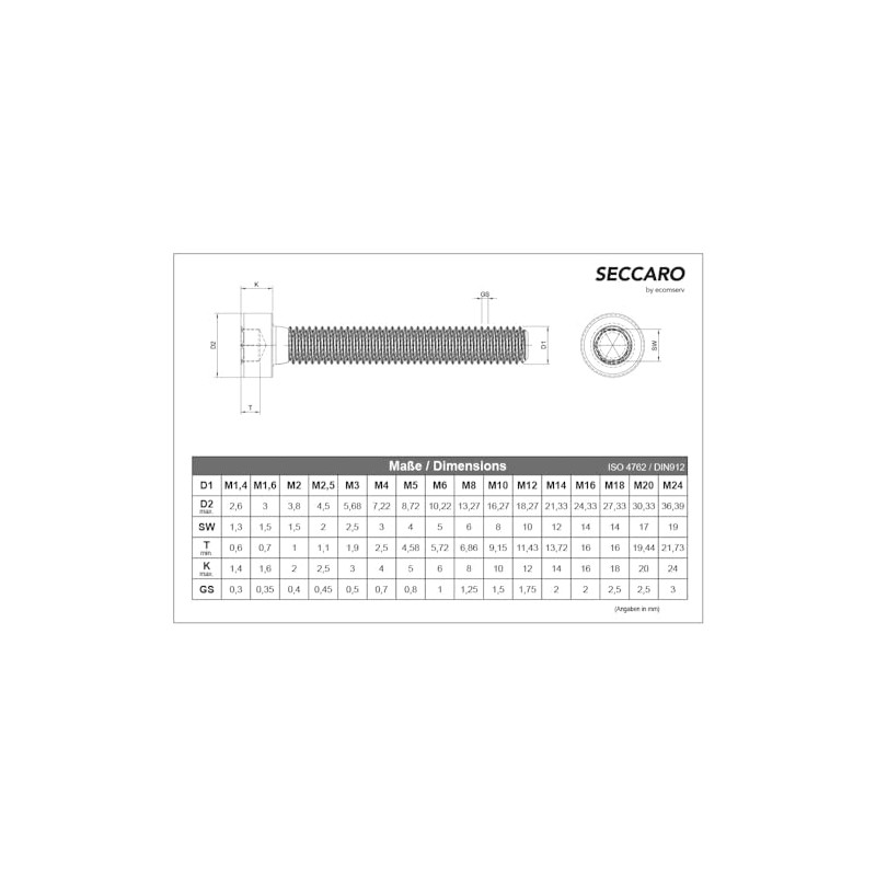 SECCARO 20 x M10 x 20mm V2A VA A2 Stainless