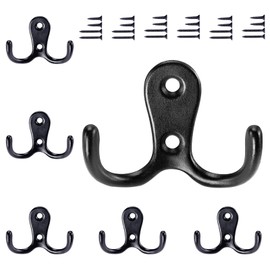 Gorffy Coat Hooks, Black, Pack of 6 Vintage Coat Hooks with Screws, Metal Double Hooks, Wall Hooks, Coat Hooks Wall for Bathroom, Kitchen (Black, 6 Pieces)