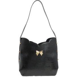 Betsey Johnson Gemma Black Crocodile Embossed Scalloped Top Faux Leather Triple Entry Gold Metal Tone Bow Detail Shoulder Bag