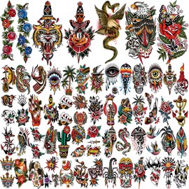 77 Sheets Classic Temporary Tattoos Old School Tattoos Stickers, Sailor Jerry Style Vintage Design Fake Tattoo, Traditional Rose Arm Temporary Tattoos for Women Men Adults Children