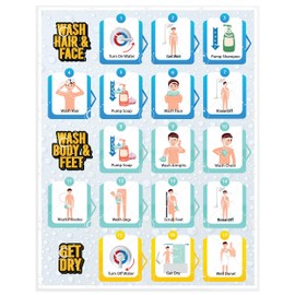 Shower Chart for Kids – Step-by-Step Visual Guide, 9x12 Inch Laminated Self-Care Chart for Children with Special Needs and Autism, Promotes Independent Hygiene Routine (English)