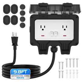 Outdoor Outlet Box with 9.8Ft Extension Cord, NEMA 5-15R, STW 14 AWG,IP66 Waterproof Power Outlet Extender with On/Off Switch & LED Indicator for Garden Yards& Outdoor Activity