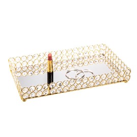 Feyarl Large Crystal Rectangle Mirrored Tray Cosmetic Vanity Tray Organizer Tray Decorative Perfume Skin Care Tray Wedding Home Decoration Dresser (Gold)