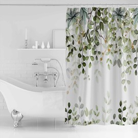 EZON-CH Cloth Shower Curtain Green for Bathroom, Sage Green Eucalyptus Leaf and Branches Abstract Waterproof Shower Curtain, Washable Fabric Durable Bath Curtain for Hotel Farmhouse Decor - 36x72IN