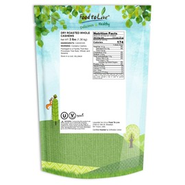 Food to Live Dry Roasted Whole Cashews, 3 Pounds – Unsalted, Oven Roasted Nuts, No Oil Added, Kosher, Vegan, Bulk. Crunchy Texture. Good Source of Protein and Fats