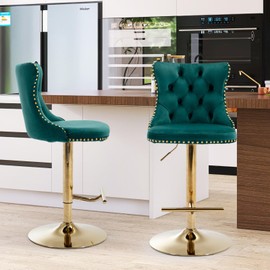 SoarFlash Velvet Bar Stool Set of 2, Adjustable Swivel Bar Stools with Gold Plated Metal Leg, Button Tufted, Footrest, Chrome Nailhead, Counter Height Chair for Kitchen, Bar, Dining Room (Green)