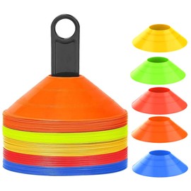 Pack of 50 Football Cones, Round Marking Cones with Stand, Football Training Accessories, Football Accessories, Training Cones for Football, Hockey, Handball, Coordination Training (5 Colours)