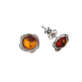 Amber Earrings, Small Round Stud Earrings with Amber Made of Rhodium-Plated 925/000 Sterling Silver Artisana-Schmuck, Rhodium-plated 925/000 sterling silver Baltic Amber, Amber
