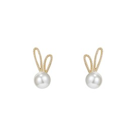 Rabbit Pearl Small Earrings Gold Plated Charm Easter Bunny Animal Pet Chic Crystal Cubic Zirconia Stud Earrings for Women Minimalist Birthday Festival Party Spring Jewelry Gifts (Gold)