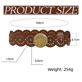 TOFBS Belt for Women Fashion Boho Turquoise Western Metal Belt Round Disc Wide Belt Adjustable Cowgirl Wide Jeans Dress Decoration, brown