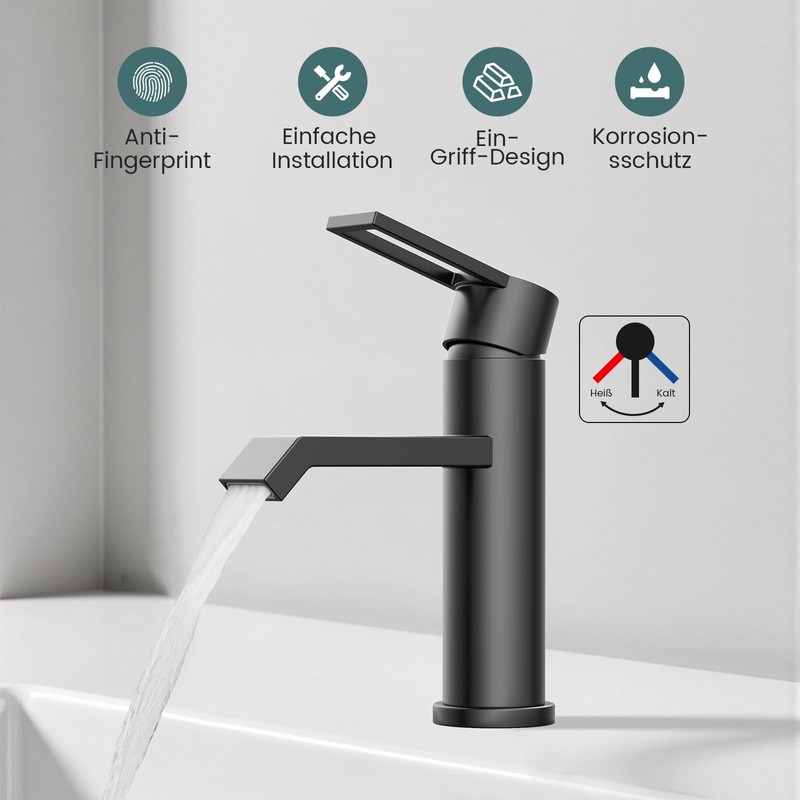 Hurran Bathroom Washbasin Tap, Matte Black, Washbasin Taps, Bathroom, Stainless