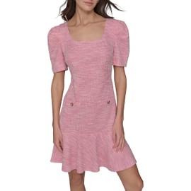 Karl Lagerfeld Paris Women's Puff Sleeve Swaure Neck Flounce Tweed A-Line Mini Dress, Pink Sherbert/Soft White