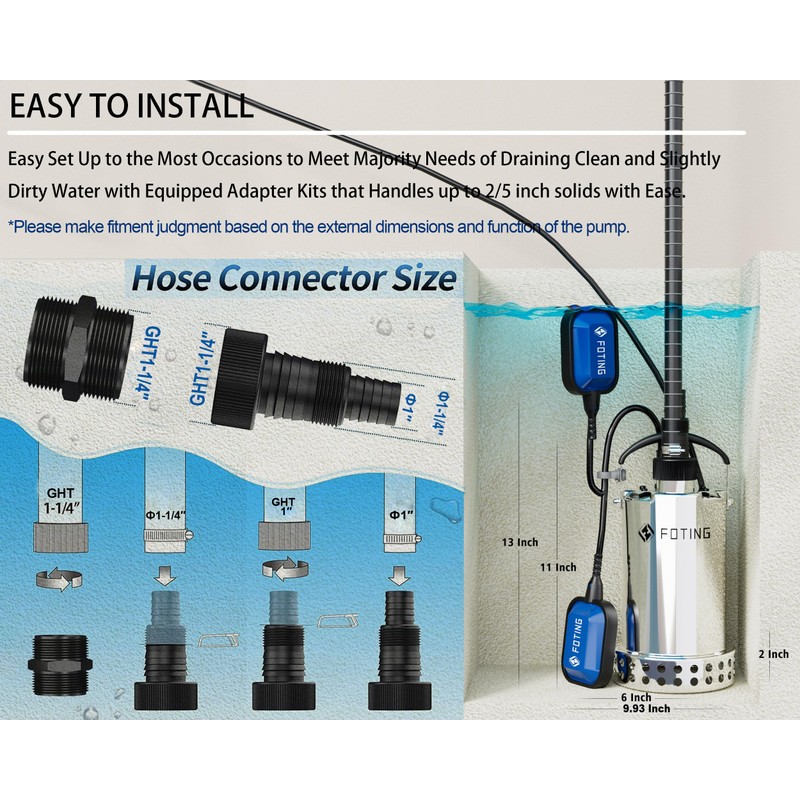 FOTING Full 304 Stainless Steel Sump Pump with Float Switch