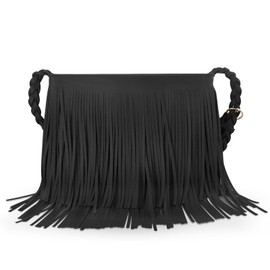 AdiStylinno Tassel Crossbody Bag Damen, PU Leder Fringe Boho Umhängetasche, Große Kapazität Bohemian Schultertasche mit Verstellbarem Gewebten Schultergurt Handytasche zum Umhängen (Schwarz)