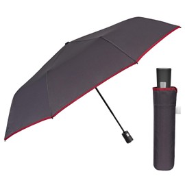 PERLETTI Black Men's Automatic Umbrella with Pattern - Windproof Pocket Umbrella Tartan with Handle - Men's Umbrella Lightweight Storm Resistant Windproof - Diameter 96 cm, Grey with red trim