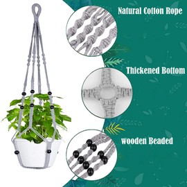 AKEIE Macrame Plant Hanger 3 Pcs Indoor Outdoor Hanging Planter Holder Boho Handmade 35'' Ceiling Plant Hanger with Beads and 3 Hooks for Home Balcony Decor Fits Max 12'' Flower Pot (Grey)