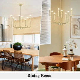 Qamra Modern Farmhouse Gold Chandelier for Dining Room, 8-Light Rustic Candle Chandelier Light Fixture, Industrial Hanging Chandeliers Lighting for Living Room, Kitchen, Staircase, Entryway, Foyer