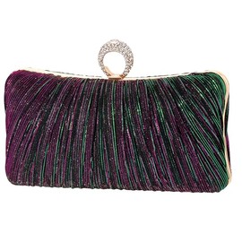 Womens Purple Glitter Clutch Purse Pleated Evening Bag for Bridal Wedding Party with Rhinestone Ring