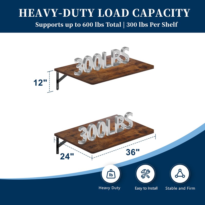 2-Pack Large Wall Mounted Shelf 3x2Ft (36x24In) - 600lbs Capacity